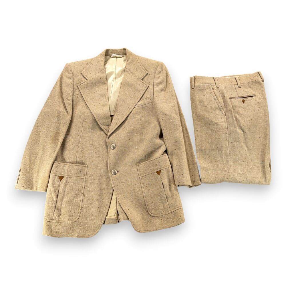 Vintage Johnny Carson Suit Mens SMALL Brown Herringbone Wool 2 Piece Disco 70s